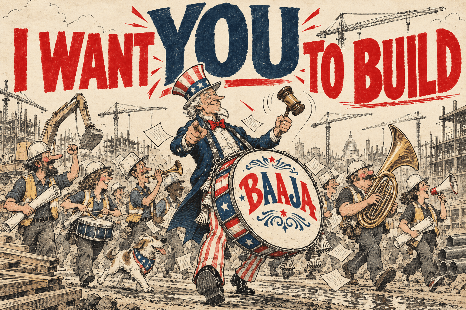 Illustrated BAAJA construction scene with a marching band and the words I want you to build