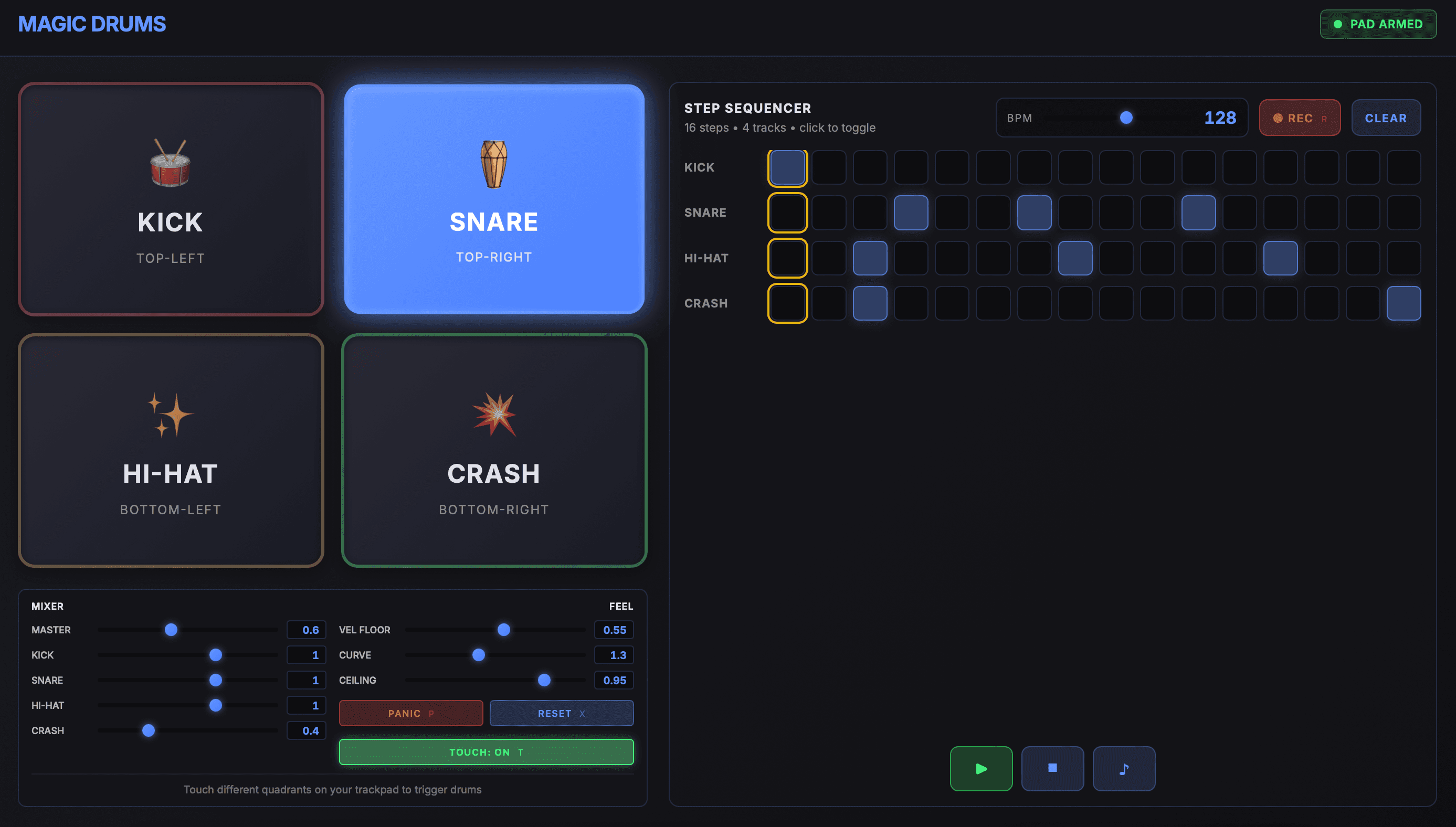 Magic Drums app: four drum pads (Kick, Snare, Hi-Hat, Crash), step sequencer grid, mixer sliders, and playback controls